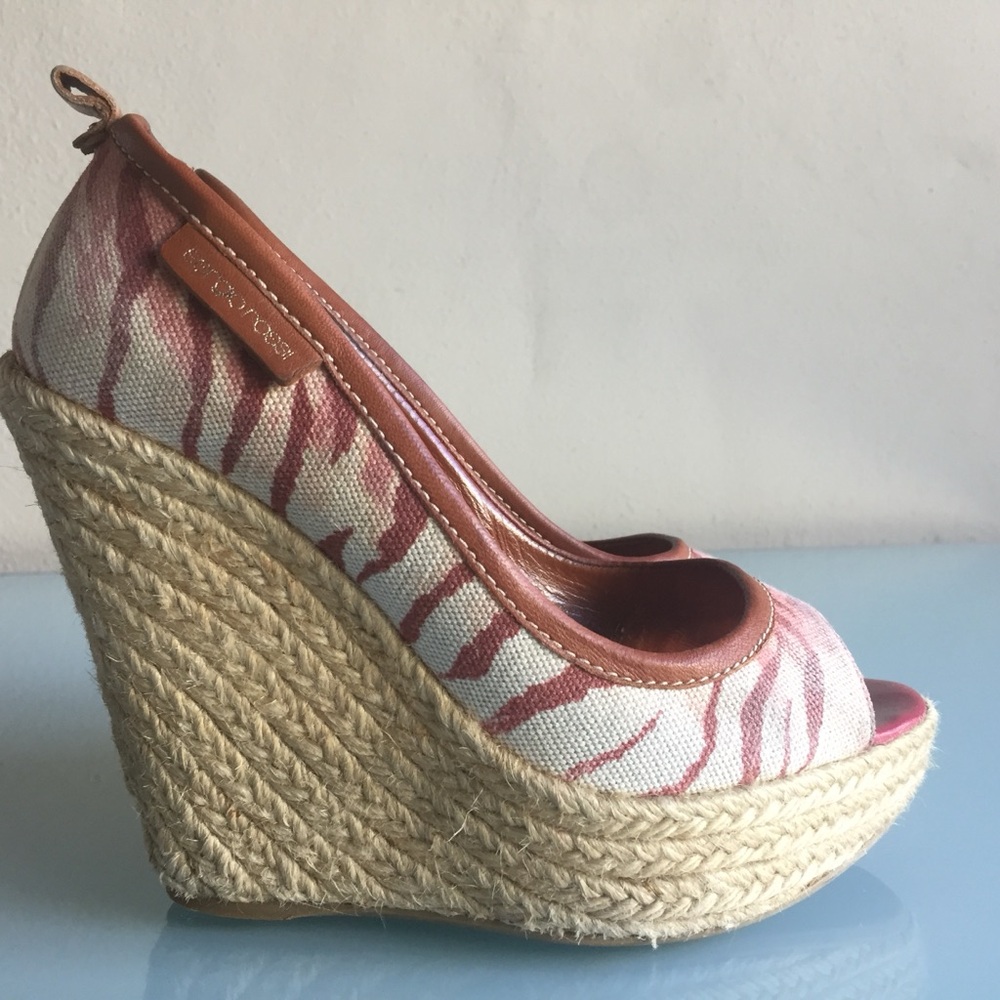 Sergio Rossi Pink and Brown Wedge Espadrilles